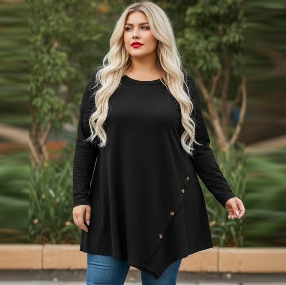 Black Asymmetrical Button Detail Long Sleeve Tunic Top